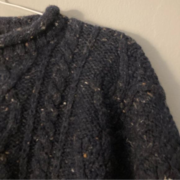 Blue speckled knit sweater faux cowl stitch wool Sz large thick knit heavyweight - Picture 2 of 5